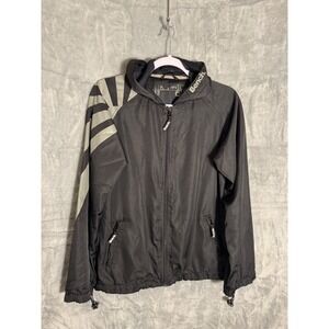 Bench Womens Black Graphic Windbreaker Hooded Full Zip Jacket Large